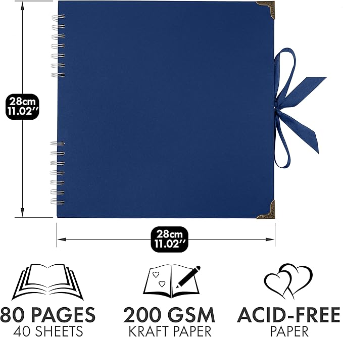 Bstorify Square Scrapbook Photo Albums 80 Pages (11 x 11 Inch) Blue Thick Paper, Hardcover, Ribbon Closure - Ideal for Your Scrapbooking Albums, Art & Craft Projects (Blue, 11 x 11 Inch)