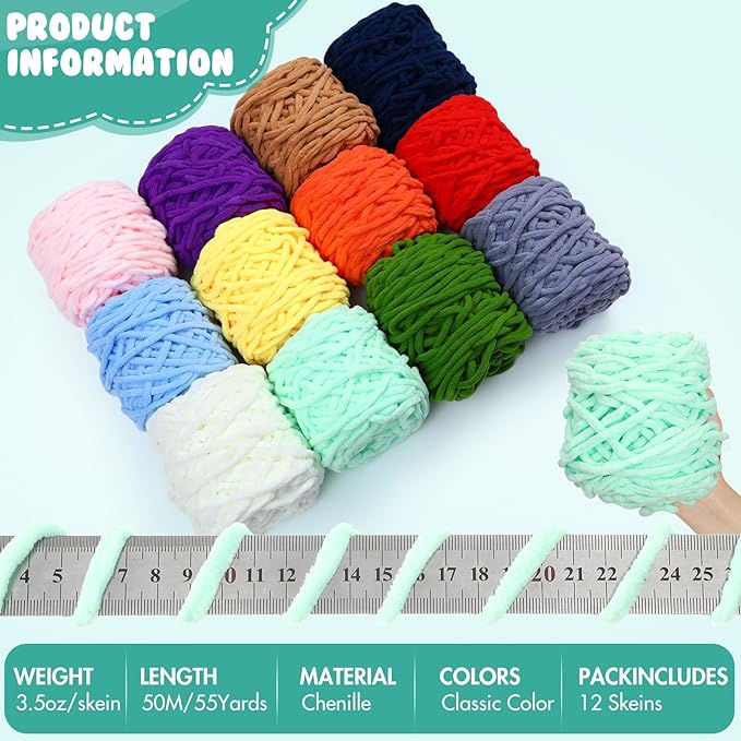 Buryeah Chunky Chenille Yarn for Crocheting Soft Thick Fluffy Yarn for Hand Knitting Bulky Velvet Blanket Plush for Weaving DIY Crafts Each 3.5 oz 55 Yards(Classic Colors,12 Pack)