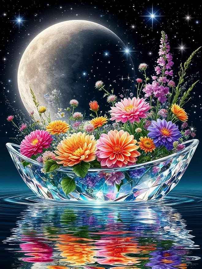 Meothan Diamond Art Kits for Adults, 5D DIY Moon Flowers Boat Diamond Painting Kits for Beginners, Diamond Dots Gem Arts Crafts Kits for Living Room Bedroom Offices Home Wall Decor 12X16 Inch