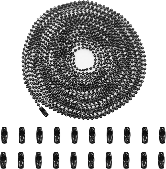 33 Feet Ball Chain Necklace, 2.4mm Ball Bead Chain with 30 Pieces Connectors Clasps,Metal Ball Chain for Dog Tag, Ceiling Fan Pull Chain Extender, Jewelry Making Kit, DIY Crafts (Black)