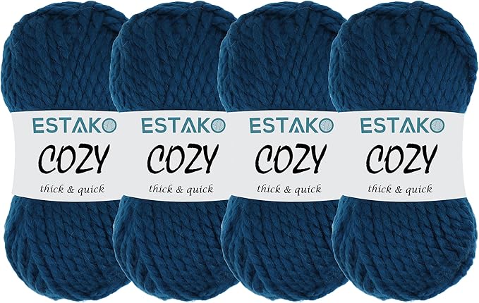 Estako Cozy Thick & Quick Yarn (4 Skeins Pack) 20% Wool 80% Acrylic Soft Super Bulky Weight #6 Knitting and Crocheting Yarn (4 x 3.52 Oz) / (4 x 65 Yrds) (55132-Night Blue)