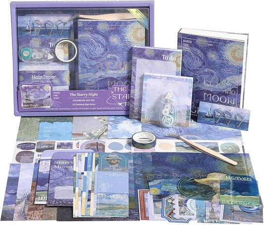 Van Gogh Scrapbook Photo Album Supplies Kit with Tweezers and Glue Tape, Aesthetic Vintage Junk Journal Scrapbooking Paper, Sticker Pack, Notebook Craft Supplies, DIY Gift for Adult Men (Oil Painting)