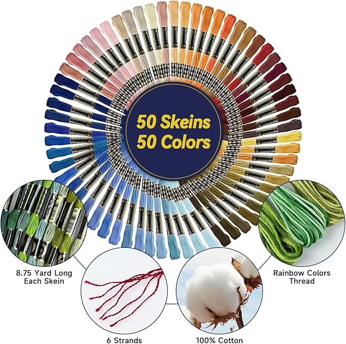 50 Skeins Embroidery Floss - 50 Color Rainbow Cross Stitch Thread, 26.3ft Each Skein Embroidery Cotton Thread for Cross Stitch, Embroidery, Craft Floss, Bracelet Making (50)