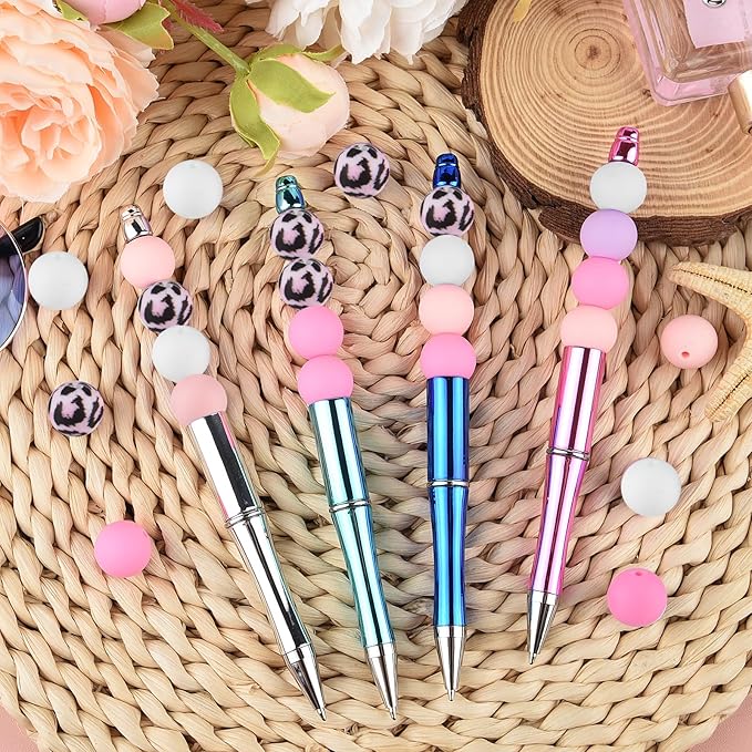 ASTARON 100 Pcs 15mm Silicone Beads for Keychain Making, Light-Pink, Black, White, Pink Leopard Print, Round, Loose Beads for Bracelets, Pens, Crafts Supplies