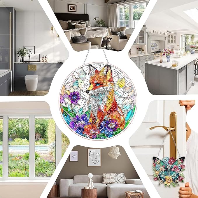 SKRYUIE Fox Hanging Diamond Art Kits for Adults Pendant Suncatcher, Special Shaped Crystal DIY Pearl Diamond Painting Kit, Gift for Mother Spring Summer Window Wreath Decor 7.48 x 7.32 Inch A35