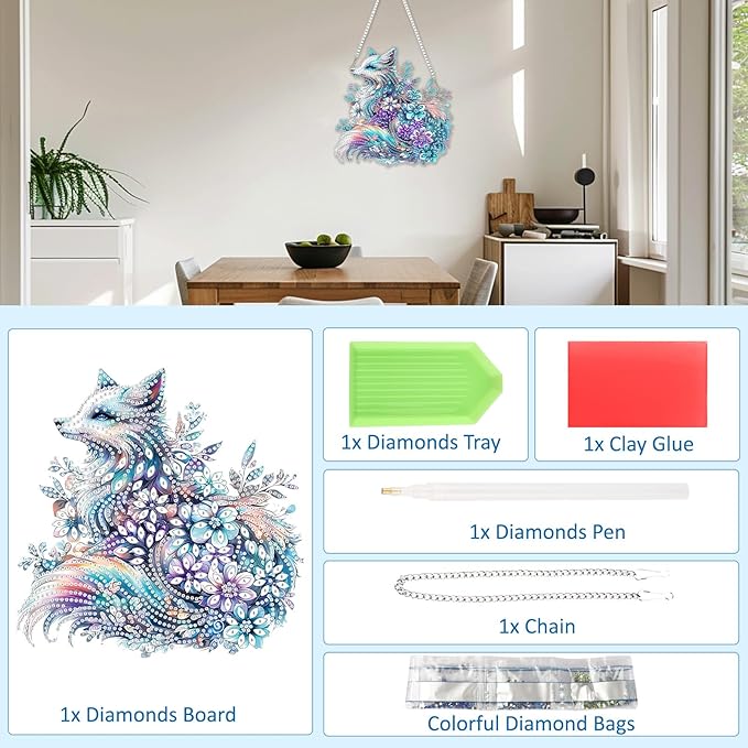 SENQAO Fox Hanging Diamond Art Painting Kits for Adults Beginners, 5D Special Shape Diamond Art Kits, Fox Flower Crystal Rhinestones Diamond Gem Art Painting for Home Garden Wall Decor