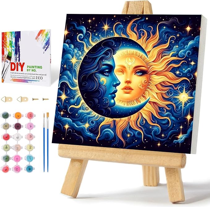 Framed Paint by Numbers Kit for Adults Beginners & Kids Ages 8-12, Sun and Moon Acrylic Easy Paint by Number with Frame, Watercolor Painting by Number Kits on Canvas Framed (8 * 8 Inch, without Easel)
