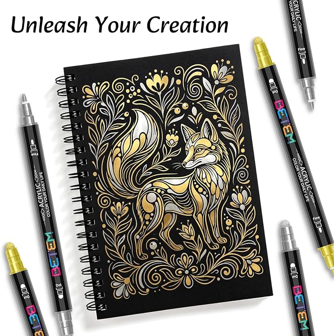 Betem 6 Gold&Silver Dual Tip Acrylic Paint Pens Markers, Fabric Decorating Kits Premium Water-Based Acrylic Paint Markers for Fabric, Rock, Wood, Glass, Eggs, Canvas, Ceramic, Easter Basket Stuffers