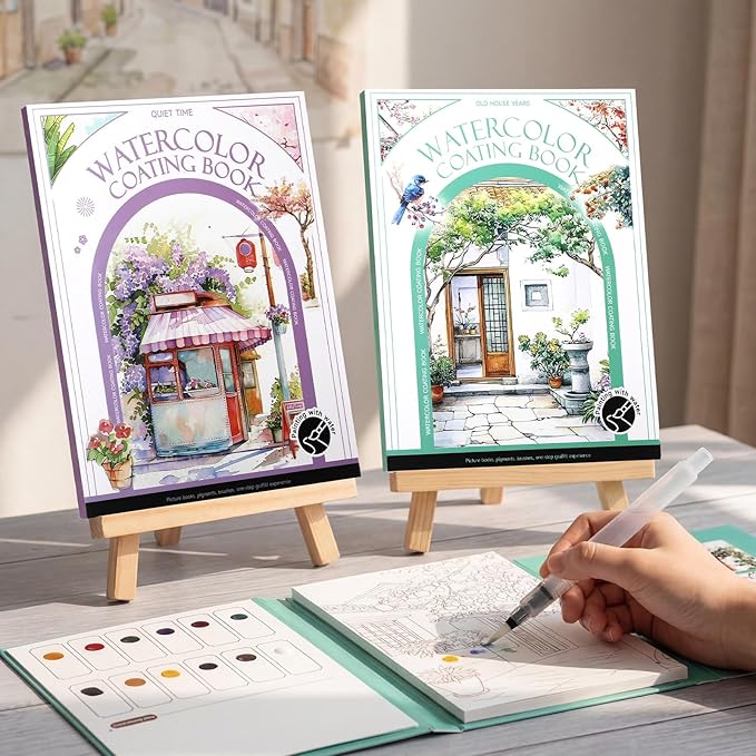Dunzoom 32 Sheets Watercolor Coloring Book 2 Pack Water Color Workbook Paper Paint Set with 12 Colors Paint Cakes and Brushes for Adults Beginners Art Painting Supplies(Quiet Time&House)