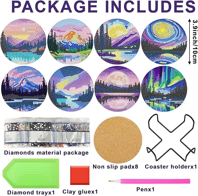 UPINS 8 Pcs Diamond Art Painting Coasters with Holder,Landscape DIY Diamond Art Paintings Coaster Kits Drink Coasters for Birthday Presents Beginners Craft Supplies Adults