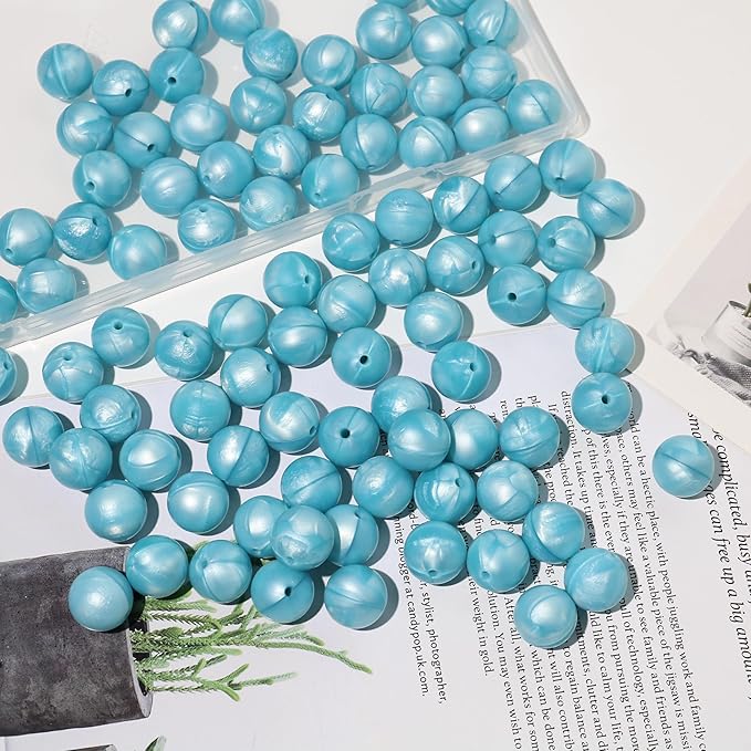 120pcs Richbunnys 15mm Bulk Silicone Beads for Pens and Keychain Making,Large Bead for Necklace and Bracelets Making,Assorted Rubber Beads Set（Pearlescent Sky）