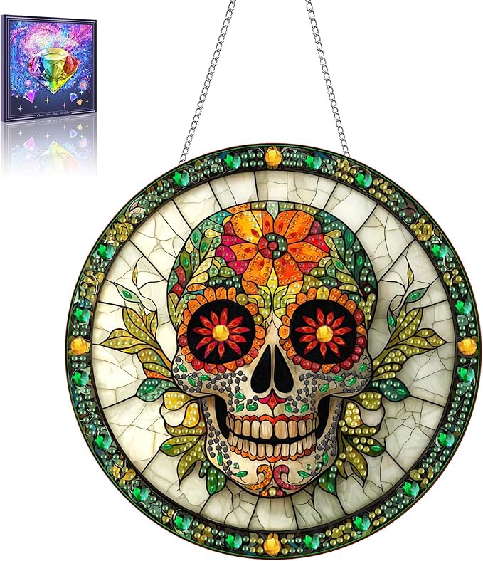 Wergund 5D DIY Skull Diamond Art Hanging Kits, Hanging Diamond Art, Acrylic Special Shaped Rhinestone, Window Hanging Pendants for Home Wall Garden Front Door Outdoor Decor Gift