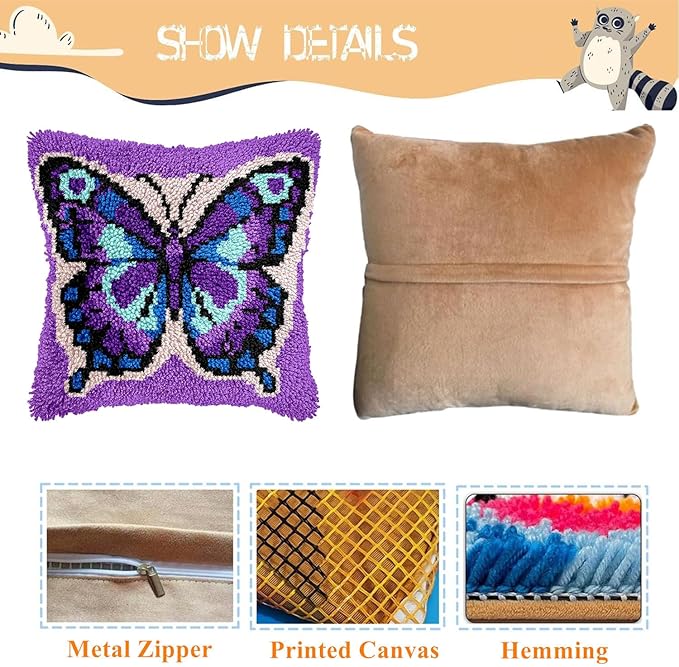 EMISTEM Latch Hook Kits for Adults - Latch Hook Pillow Kits, Crochet Yarn Kit for Beginners, Cross-Stitch Embroidery Cushion Cover Case with Printed Canvas. (Purple Butterfly,17x17 inch)