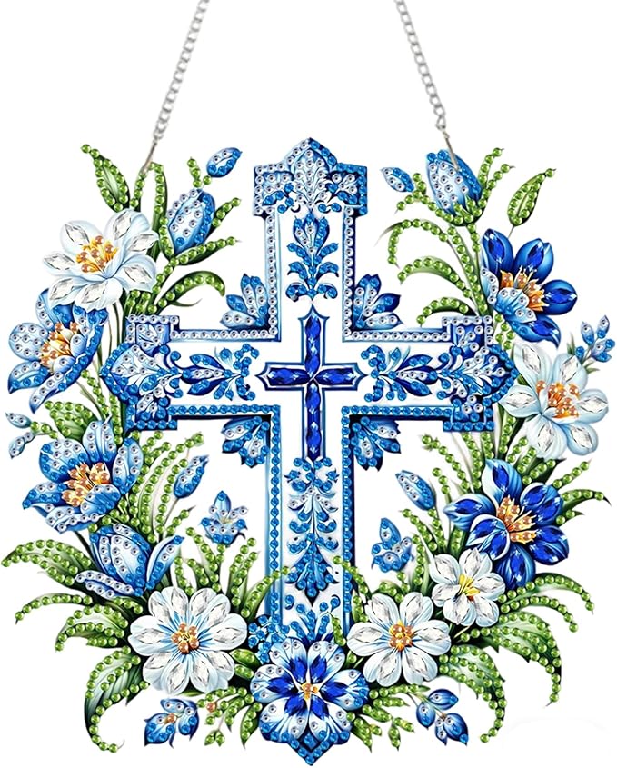 AIBOERL Diamond Art Hanging Kit for Adult,Special Shaped Rhinestone,Double Sided 5D DIY Acrylic Diamond Art Painting Window Pendants Home Garden Wall Hanging Kits Hanging Ornament (Cross)