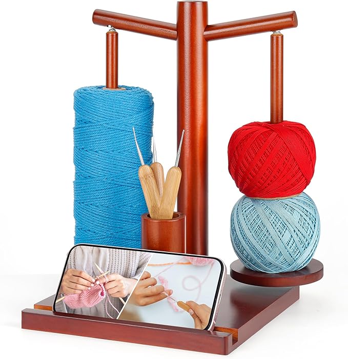 Yarn Holder for Crocheting, Wooden Rotating Yarn Spinner with 2 Spindles and Phone Stand, Magnetic Spinning Yarn Holder for Crochet Knitting Lovers