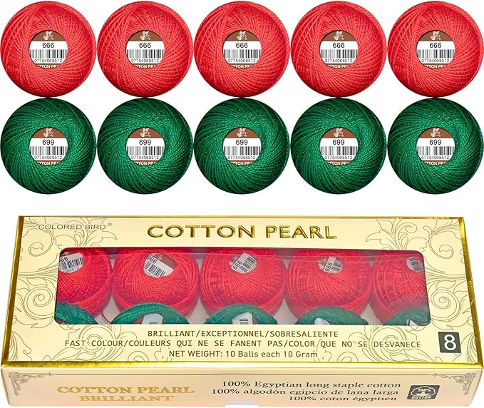 Double Mercerized Egyptian Long Staple Cotton Pearl Thread Ball 10 Grams Rainbow Color Embroidery Thread 10 Colors per Box for Crochet Hardanger Cross Stitch Hand Embroidery,red Green