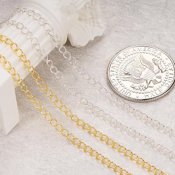 Crisjanggo 2 Rolls Total 65.6 Feet Gold and Silver Chain for Jewelry Making Stainless Steel Curb Chains Roll Bulk with Lobster Clasps and Jump Rings