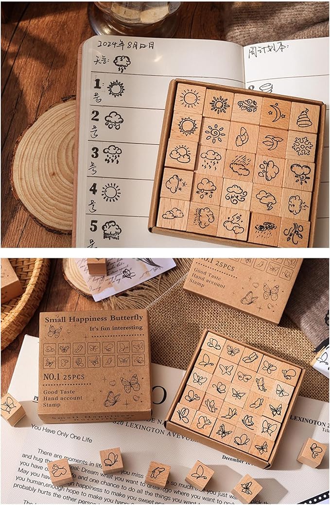 25pcs Weather Wooden Rubber Stamps Kit, Cute Small Weather Theme Stamps for Decorative Diary Planner DIY Craft Scrapbook Card Making Letters Journal
