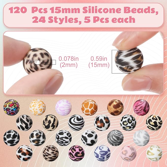 Ferreve 120 Pcs 15mm Silicone Beads Bulk Leopard Print Silicone Beads Leopard Print Rubber DIY Bracelet Making Kit for Keychain Making Pens Necklace Jewelry