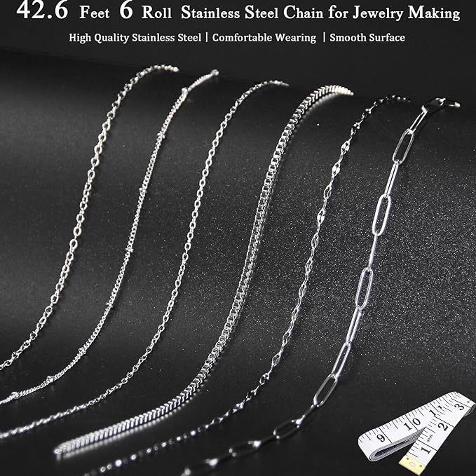 Stainless Steel Necklace Chain for Jewelry Making, 42.6 Feet 6 Roll Silver Necklace Jewelry Chains for DIY Necklaces Bracelets Keychain Craft Making Supplies with Jump Rings Lobster Clasp Connector