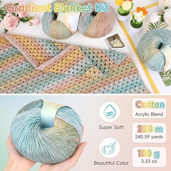 Aeelike Blanket Crochet Kit for Beginners, Super Easy Crochet Blanket Kit with Soft & Colorful Gradient Yarns Detailed Video Tutorials Crocheting Accessories, Classical Gradient & Ideal Gift