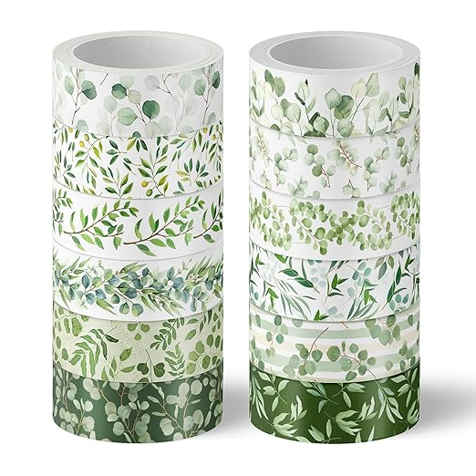 Whaline 12 Rolls Greenery Washi Tapes Watercolor Plants Eucalyptus Masking Tape 15mm Green Leaves Decorative Tape Stickers for Scrapbook Journal Planner DIY Craft Gift Wrapping, 16.4ft