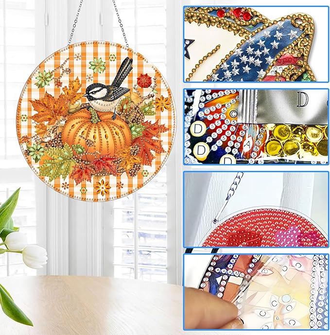 Reofrey Hanging Diamond Art Kits for Adults - 8x8 Inch Thanksgiving Day Acrylic Board Double Sided Pattern Diamond Art Suncatcher Pendant, Crystal Art for Home Wall Window Decoration Handmade Gift