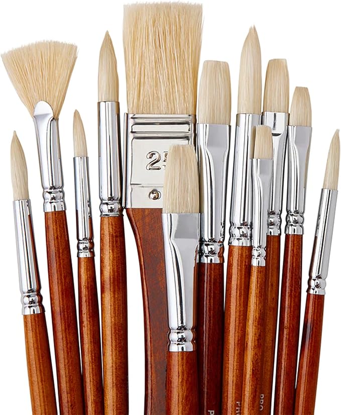 KINGART 12-Piece Long Handle White Hog Hair Artist Paint Brush Set, Perfect for Acrylic Oil Gouache Watercolor, Painting Brushes Kit for Canvas & Fabric with Storage Case