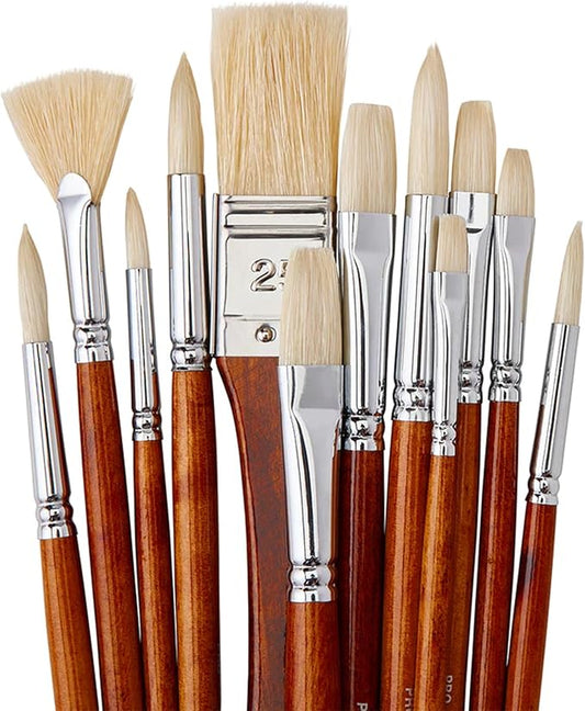 KINGART 12-Piece Long Handle White Hog Hair Artist Paint Brush Set, Perfect for Acrylic Oil Gouache Watercolor, Painting Brushes Kit for Canvas & Fabric with Storage Case