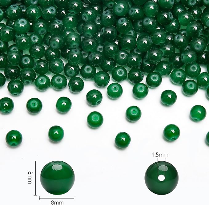 200PCs 8mm Deep Green Jade Glass Beads Bulk, Round Smooth Hole Glass Crystal Beads for Jewelry Making, DIY Bracelets, Necklaces, Bag Charms, Keychains and Craft Projects
