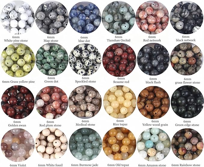 1200pcs 6mm Natural Round Stone Beads,Multiolor Crystal Energy Stone,Loose Gemstone Accessories Hole Size 1mm,DIY Smooth Beads Necklace Bracelet for Jewelry Making,(6MM-24Colors Materia-A)