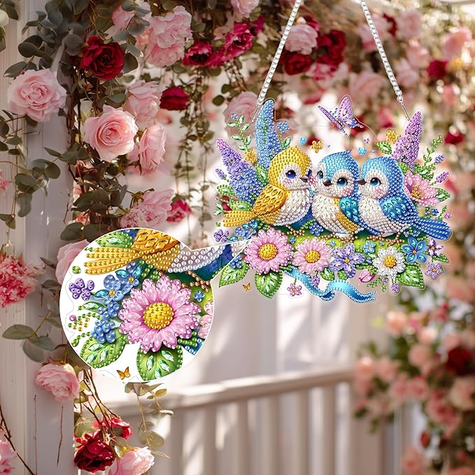 Aeepics Hanging Diamond Art Kit for Adult, DIY Diamonds Painting Pendant Ornament Kit, Acrylic Diamond Art Painting Board Kit (Birds)