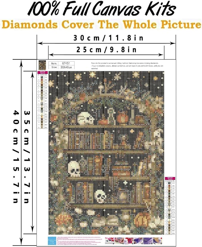 askkqtx Skull Diamond Art Kits for Adults, Goth Skull Bookshelf Diamond Painting Kits for Beginners, Full Drill Crystal Rhinestone Gem Diamond Art Kits Craft for Home Wall Decor 12X16 Inch