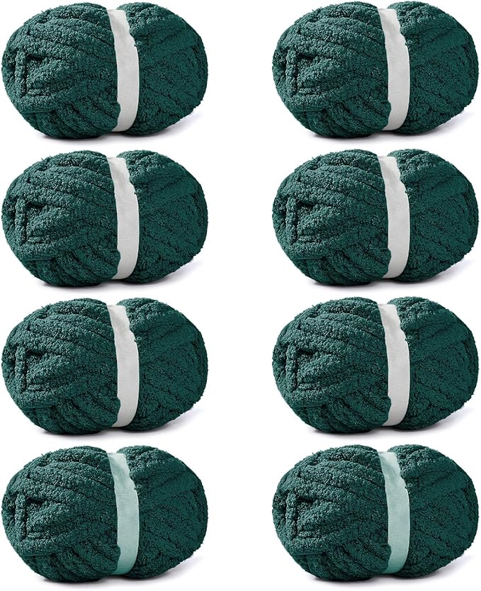8 Pack Dark Green Chunky Chenille Yarn for Hand Knitting, Bulky Thick Fluffy Yarn for Crocheting, Super Bulky Chunky Yarn for Hand Knitting Blanket (27.9 yds,7.97 oz Each Skein)