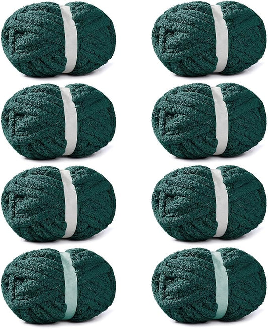 8 Pack Dark Green Chunky Chenille Yarn for Hand Knitting, Bulky Thick Fluffy Yarn for Crocheting, Super Bulky Chunky Yarn for Hand Knitting Blanket (27.9 yds,7.97 oz Each Skein)