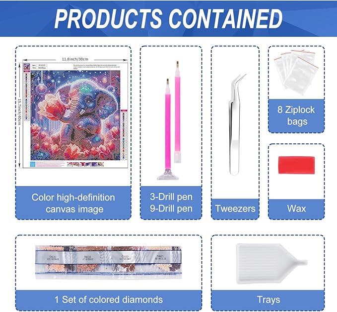 Camocin Diamond Art Kits for Adults Elephant, 5D Tulips Diamond Painting Kits for Adults Beginners, DIY Elephant Full Round Dots Drill Gem Art Kit for Gift Home Wall Decor 14 x 14 Inch