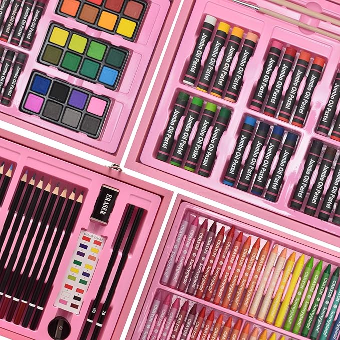 Sunnyglade 145 Piece Deluxe Art Set, Wooden Art Box & Drawing Kit with Crayons, Oil Pastels, Colored Pencils, Watercolor Cakes, Sketch Pencils, Paint Brush, Sharpener, Eraser, Color Chart (Pink)