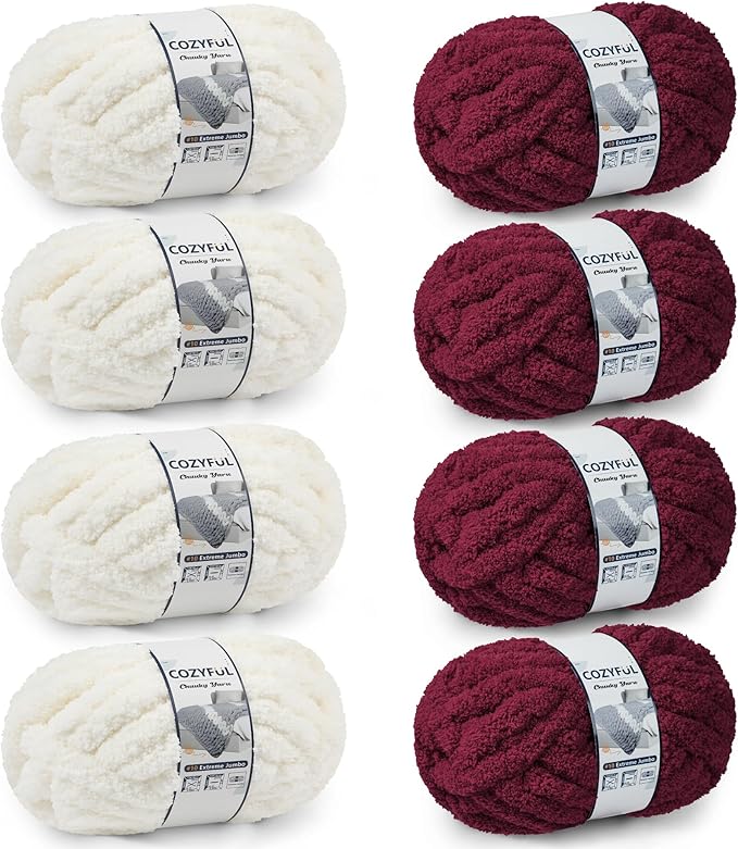 Chunky Yarn for Hand Knitting - #10 Chunky Chenille Yarn, Jumbo Big Thick Chunky Yarns for Crocheting, Super Bulky Chunky Knit Blanket Yarns, 8 Skein (25yd, 8oz/Skein), Cream & Wine