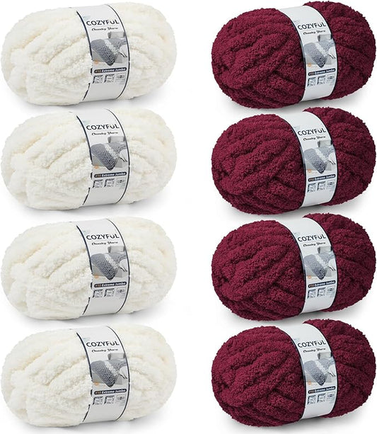 Chunky Yarn for Hand Knitting - #10 Chunky Chenille Yarn, Jumbo Big Thick Chunky Yarns for Crocheting, Super Bulky Chunky Knit Blanket Yarns, 8 Skein (25yd, 8oz/Skein), Cream & Wine
