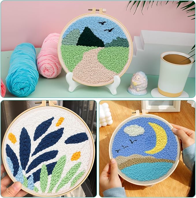 Zuaooz 3 Sets Punch Needle Kits,Leaf Path Moon Punch Embroidery Kits for Adults Beginner, Tool with Punch Needle Fabric, Hoops, Yarns and Sewing Needles