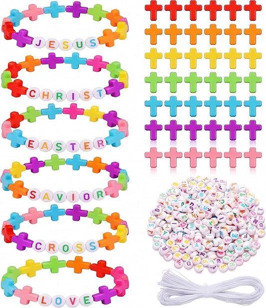 Highergo 1200 Pcs Easter Cross Beads for Jewelry Making, Religious Beaded Bracelet DIY Bead Craft Kit Stretch 944 Inch Elastic Cord for Spring Easter Sunday School VBS Party Decor