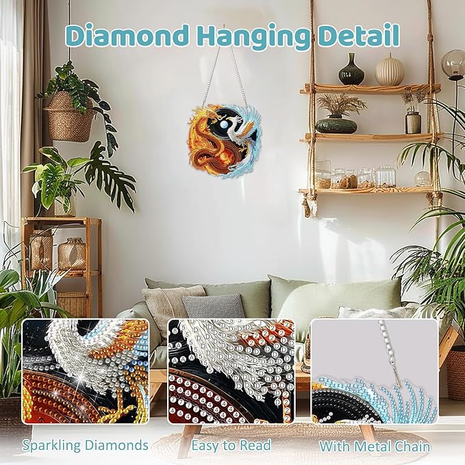 MEIYUDA Dargon Phoenix Diamond Art Hanging Kits for Adult, Yin Yang Diamond Painting Hanging Kits Ornaments, DIY Special Shaped Rhinestone Window Pendants Kit for Home Garden Wall Decor Gift