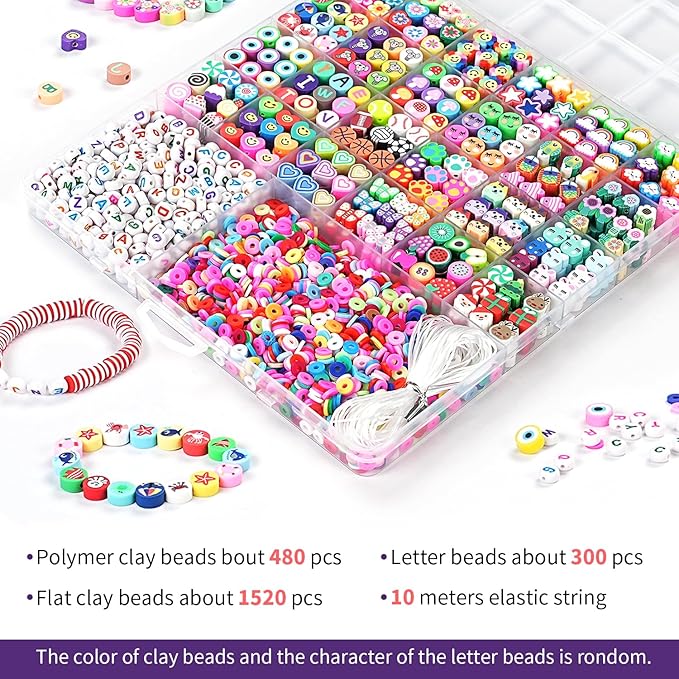 2300pcs Polymer Clay Beads Bracelet Making Kit, 24 Style Cute Fun Beads for Friendship Bracelets Letter Beads Charms Kit for Jewelry Making DIY Arts and Crafts Birthday Gifts Toys for Kids