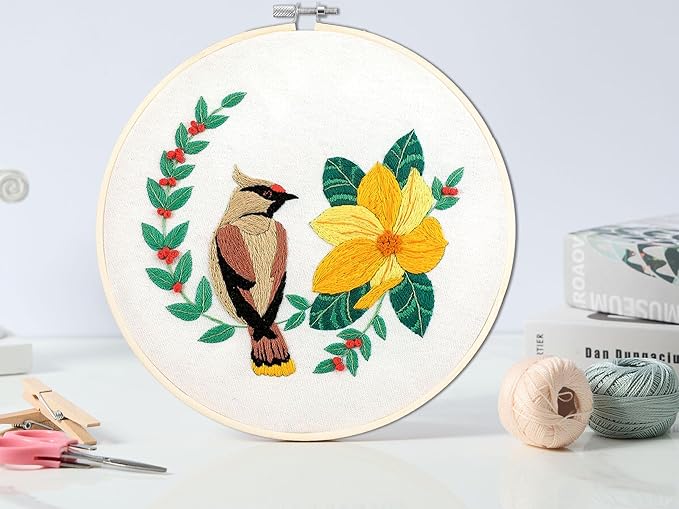 bonroy 4 sets embroidery set for beginners, art craft, easy sewing, includes embroidery clothing, pattern, embroidery hoop, instruction manual, colorful thread needles set (6 pieces)