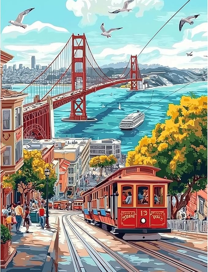 QENSPE Diamond Painting Art Kits for Adults, DIY City View Full Drill Diamond Art for Beginners, 5D Red Tram Round Diamond Dots Paintings Gem Art Crafts for Home Wall Decor Gifts 30x40cm