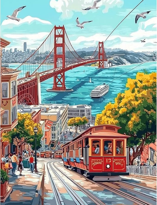 QENSPE Diamond Painting Art Kits for Adults, DIY City View Full Drill Diamond Art for Beginners, 5D Red Tram Round Diamond Dots Paintings Gem Art Crafts for Home Wall Decor Gifts 30x40cm