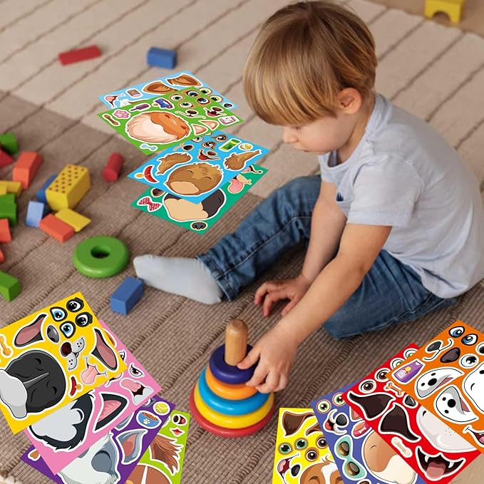 48 sheets dog stickers,make a face stickers for kids, make your own dog sticker, animal sticker for kids 3-5, brithday gift party favors, teacher reward classroom games craft