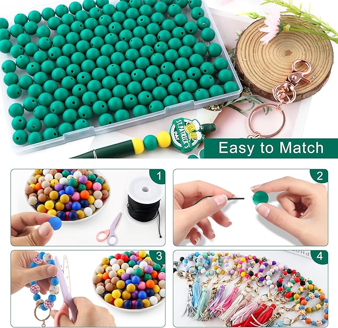 160Pcs 12mm Silicone Beads for Keychain Making Bracelet Necklace, Bulk Round Silicone Beads for Pens（Deep Green）