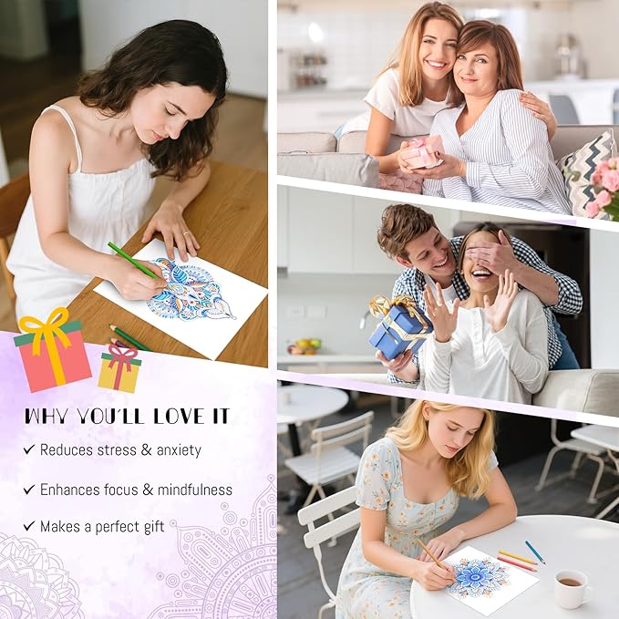 3Pcs Adult Coloring Book Spiral Bound, Mandala Coloring Book for Adult Relaxation, Original Design with 72 Patterns, Thick Paper One Sided Design, Hand-Drawn Design, Anxiety Relief Mindfulness Gifts
