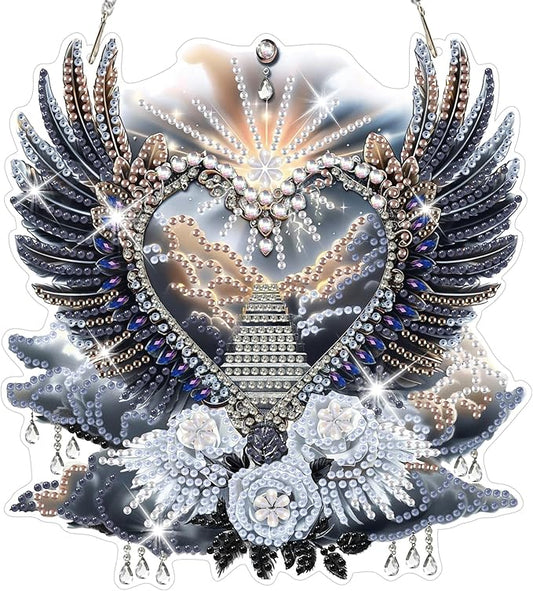 HEIBAGO Heart Wing Angel Diamond Art Hanging Kits for Adults, Diamond Art Suncatchers, 5D Special Shape Diamond Painting Pendant, DIY Window Ornament Gifts for Home Garden Door Wall Decor 8.3 x 8.3In
